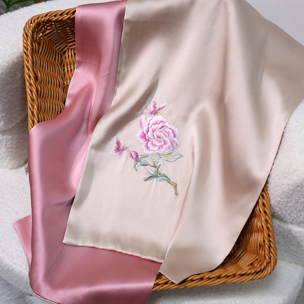 BCHICU Butterfly Love - Champagne Pink 35cm*155cm 100% Silk Long Scarf Fine Hand Embroidery Double Layer 16mm