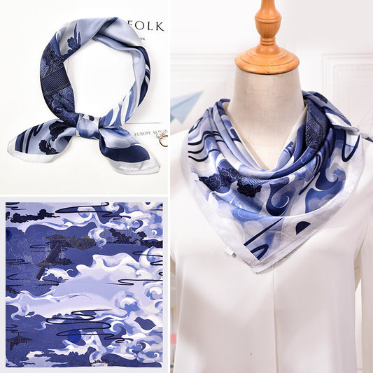 BCHICU Dreamland Blue 65cm*65cm 100% Silk Small Square Scarf Small Neckerchief with Suit