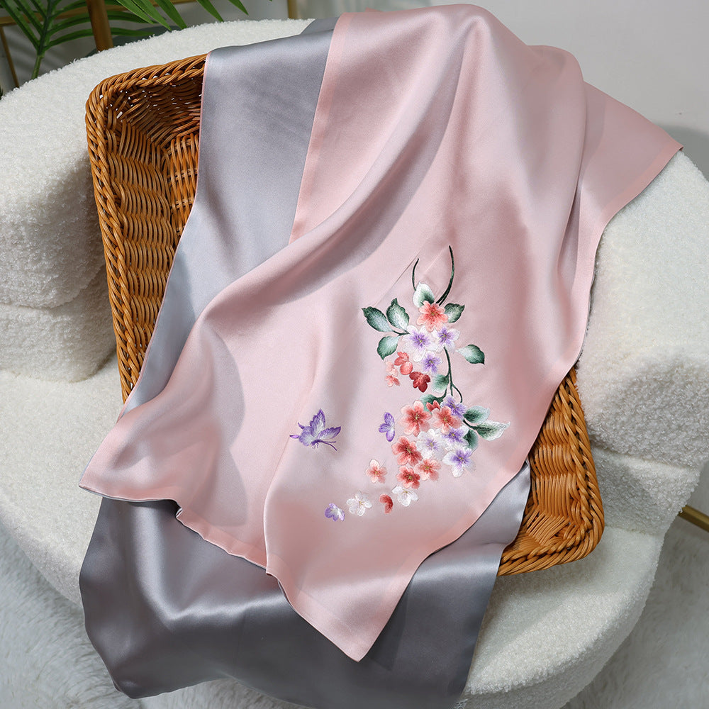 BCHICU Graceful-Powder Gray 35cm*155cm 100% Silk Long Scarf Fine Hand Embroidery Double Layer 16mm