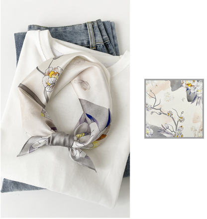 BCHICU Gray Flower 53cm*53cm Print 100% Small Square Silk Scarf Neckerchiefs&Bandana