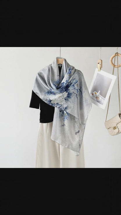 BCHICU ZS25-Peony Blue 55cm*170cm 100% Silk Shawls